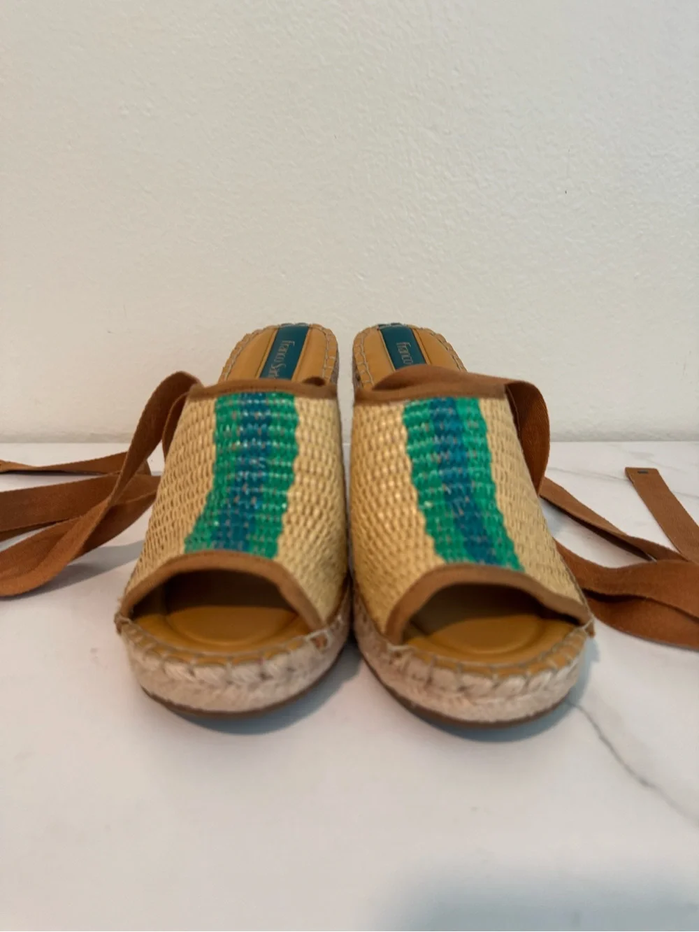 Woven Straw Lace-Up Wedge Sandals with Green Accent Women’s 8.5